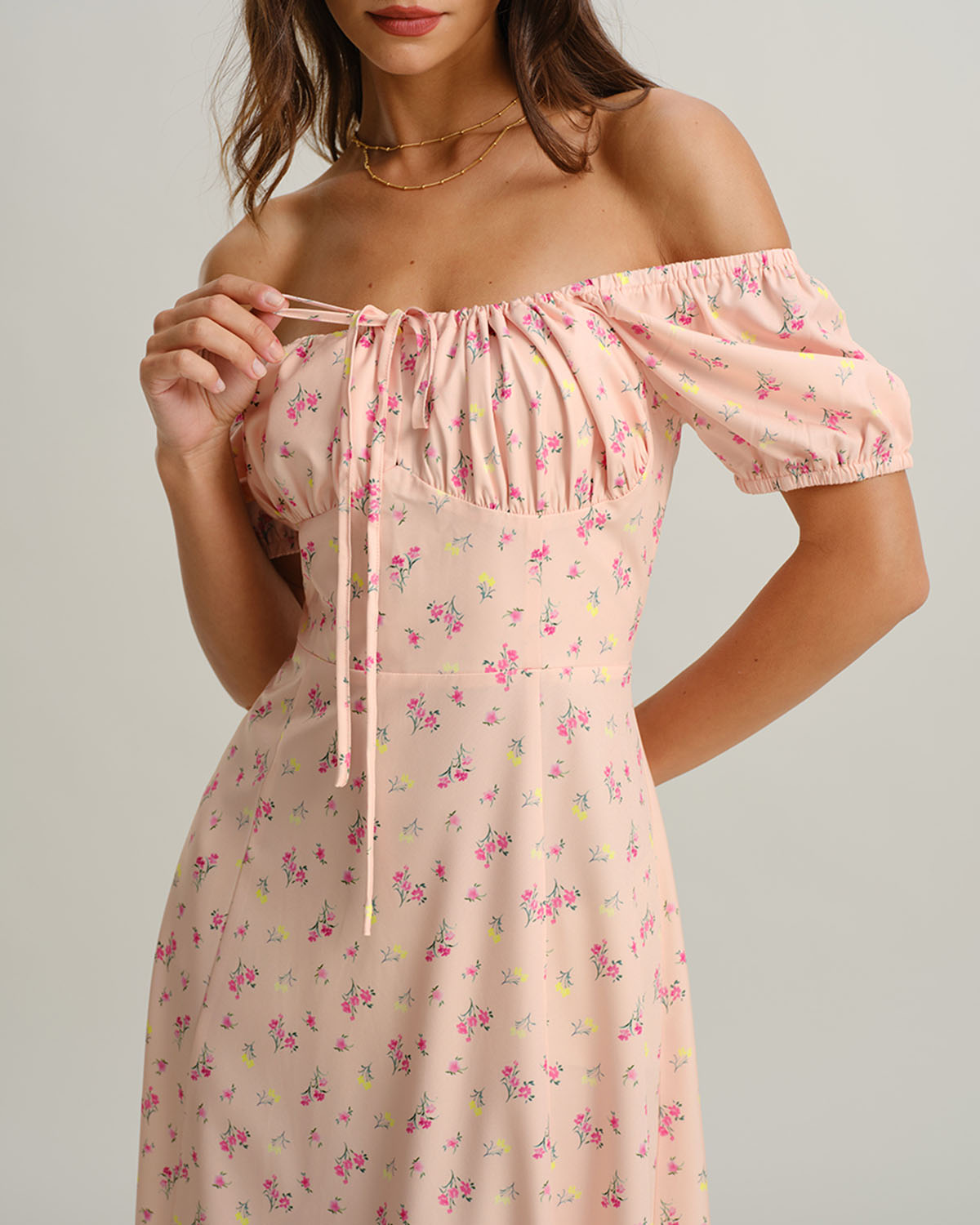 Pink Floral Square Neck Puffed Sleeve Midi Dress - Threadford