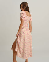 Pink Floral Square Neck Puffed Sleeve Midi Dress - Threadford