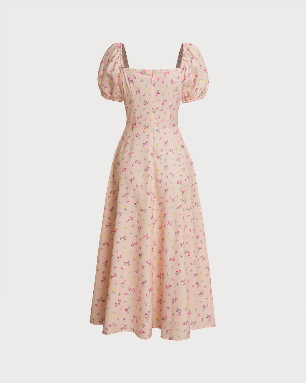 Pink Floral Square Neck Puffed Sleeve Midi Dress - Threadford