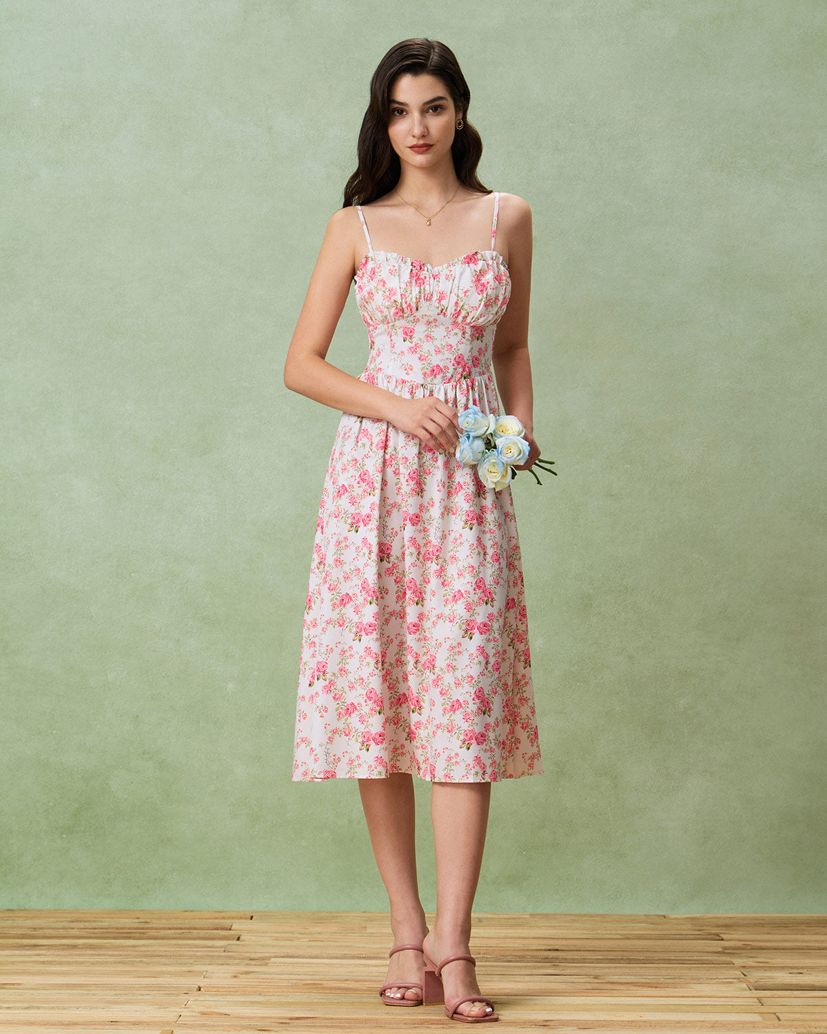 Pink Floral Sweetheart Neck Shirred Slip Midi Dress - Threadford