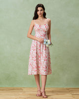Pink Floral Sweetheart Neck Shirred Slip Midi Dress - Threadford