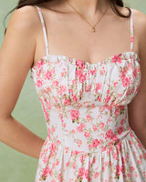 Pink Floral Sweetheart Neck Shirred Slip Midi Dress - Threadford