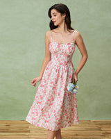 Pink Floral Sweetheart Neck Shirred Slip Midi Dress - Threadford
