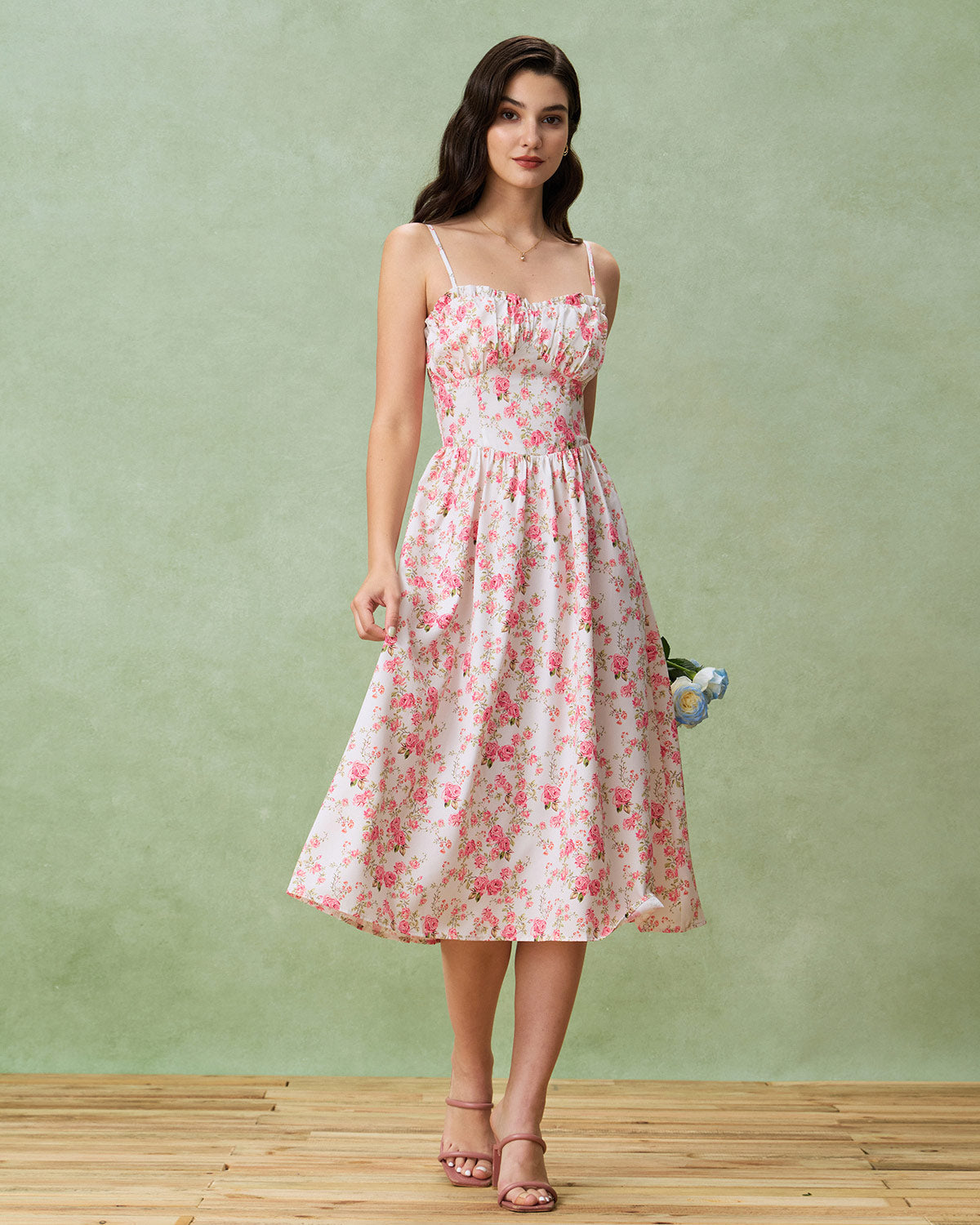 Pink Floral Sweetheart Neck Shirred Slip Midi Dress - Threadford
