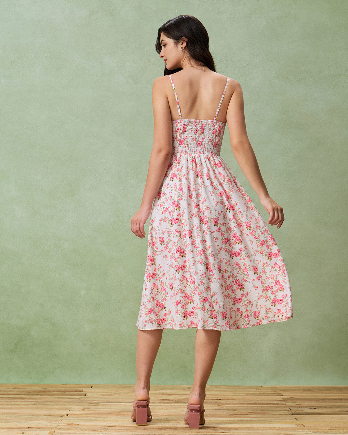 Pink Floral Sweetheart Neck Shirred Slip Midi Dress - Threadford