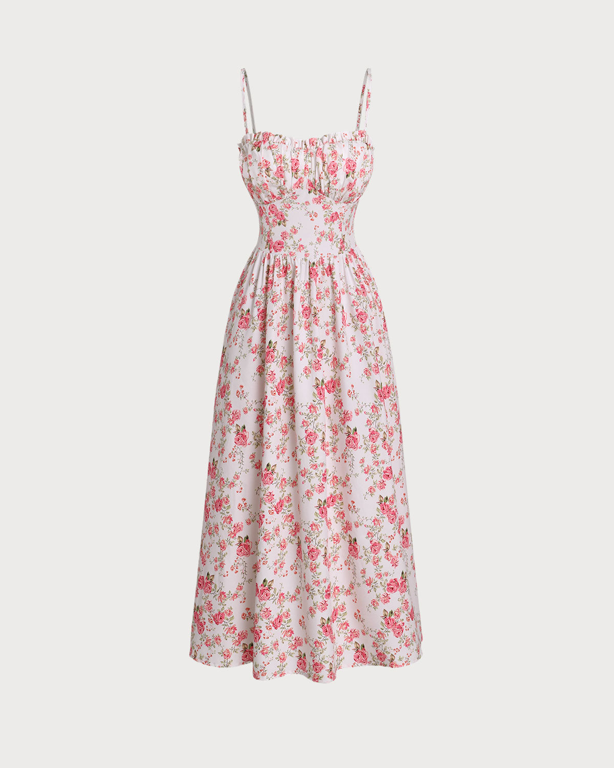 Pink Floral Sweetheart Neck Shirred Slip Midi Dress - Threadford