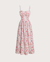 Pink Floral Sweetheart Neck Shirred Slip Midi Dress - Threadford