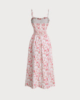 Pink Floral Sweetheart Neck Shirred Slip Midi Dress - Threadford