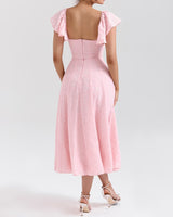 Pink Jacquard Ruched Square Neck Midi Dress - Threadford