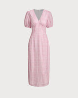 Pink Plaid V-Neck Midi Dress - Threadford