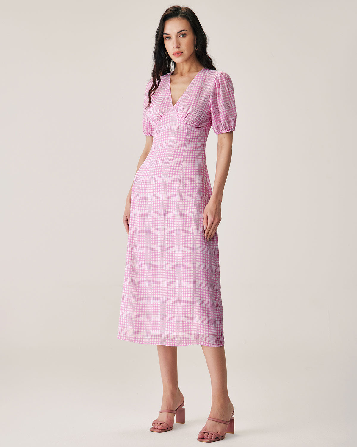 Pink Plaid V-Neck Midi Dress - Threadford