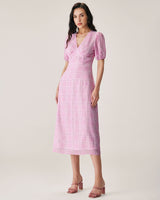 Pink Plaid V-Neck Midi Dress - Threadford