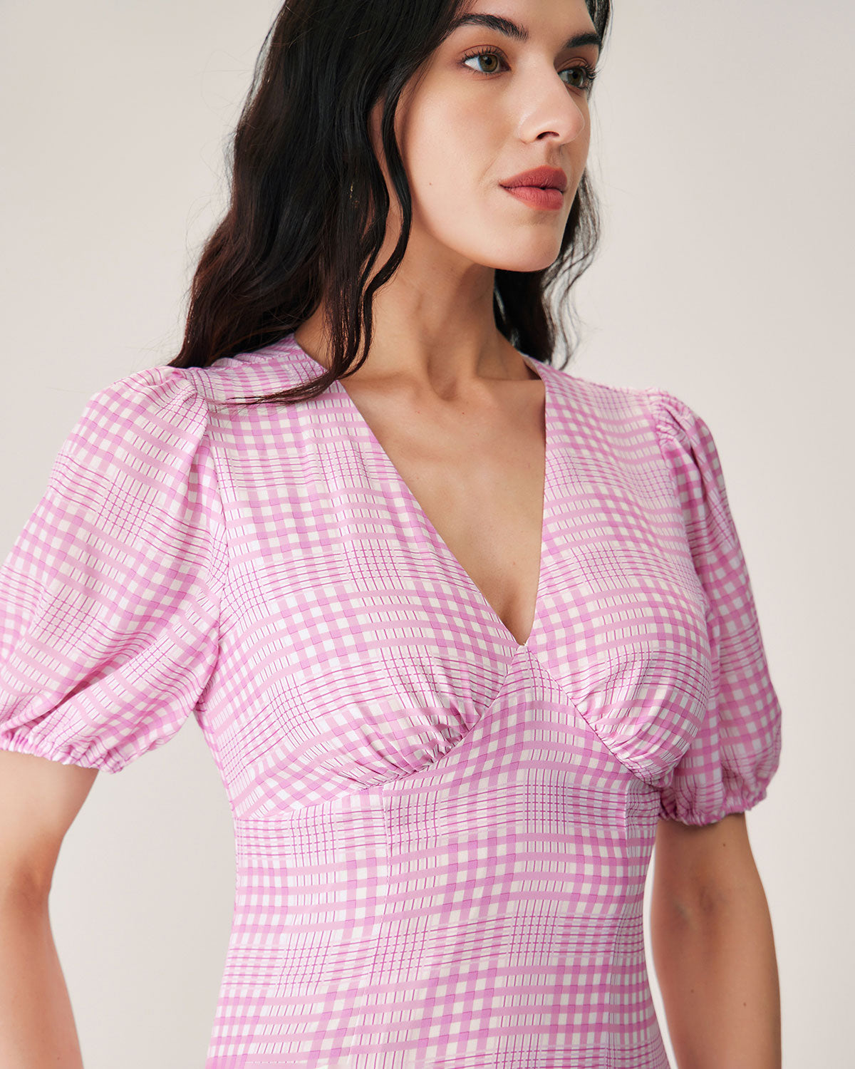 Pink Plaid V-Neck Midi Dress - Threadford