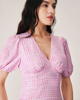 Pink Plaid V-Neck Midi Dress - Threadford
