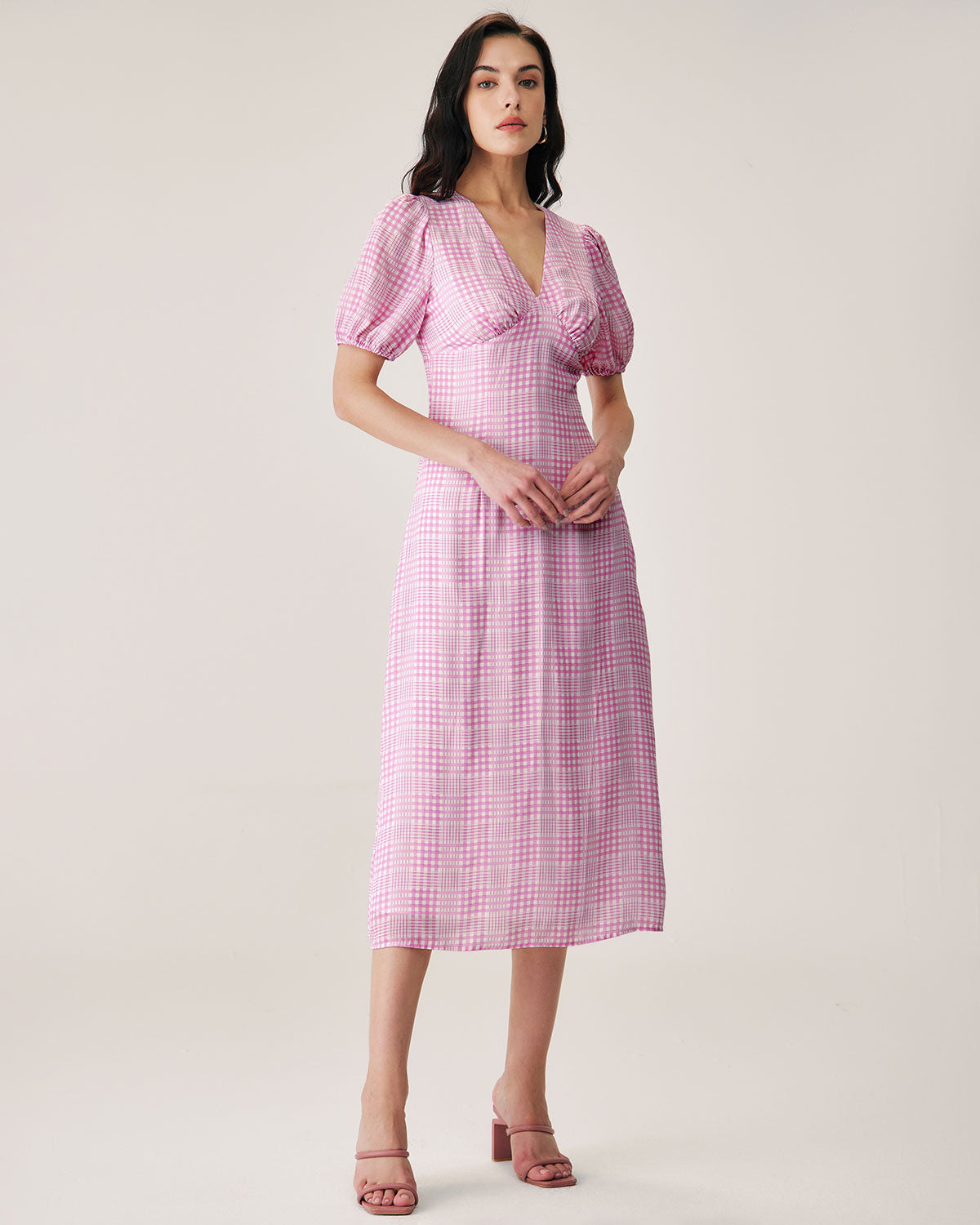 Pink Plaid V-Neck Midi Dress - Threadford