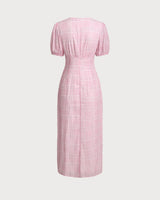 Pink Plaid V-Neck Midi Dress - Threadford