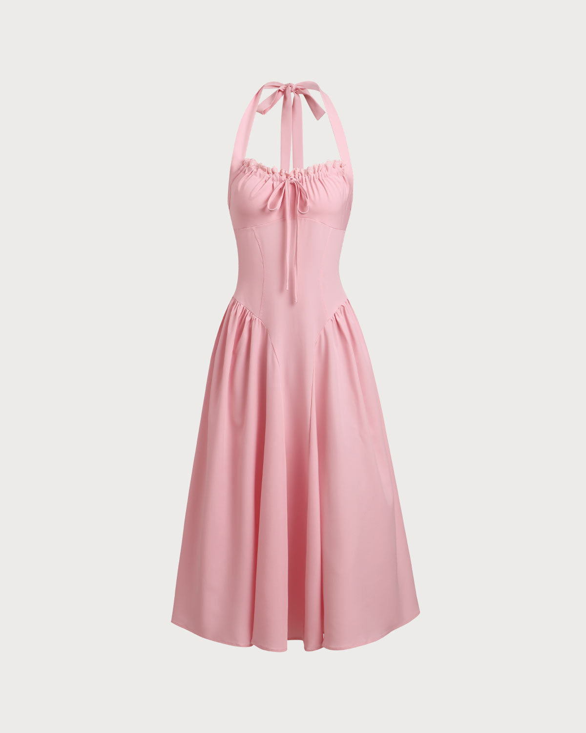 Pink Ruched Halter Midi Dress - Threadford