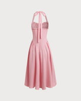 Pink Ruched Halter Midi Dress - Threadford