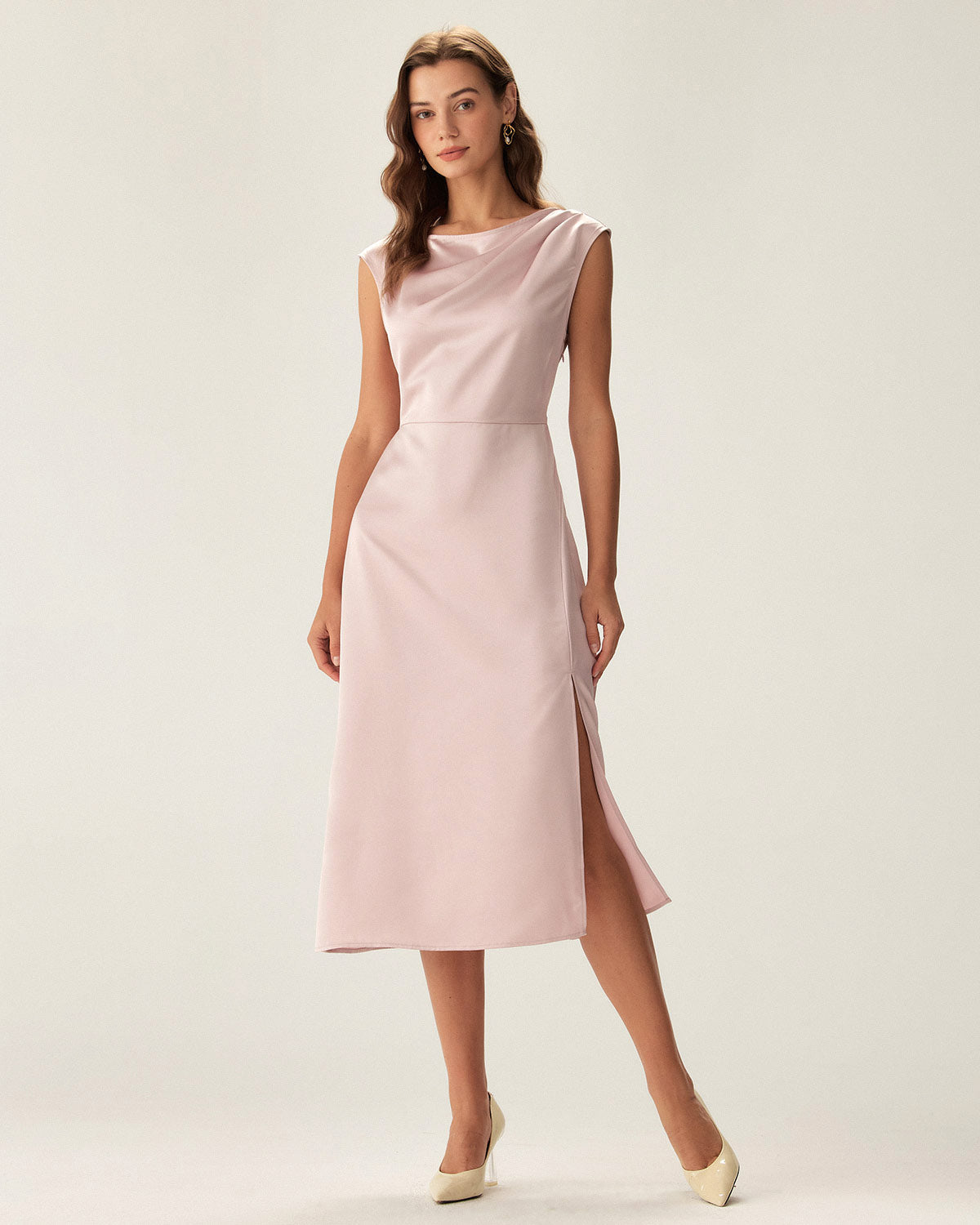 Pink Satin Boat Neck Slit Sleeveless Midi Dress - Threadford
