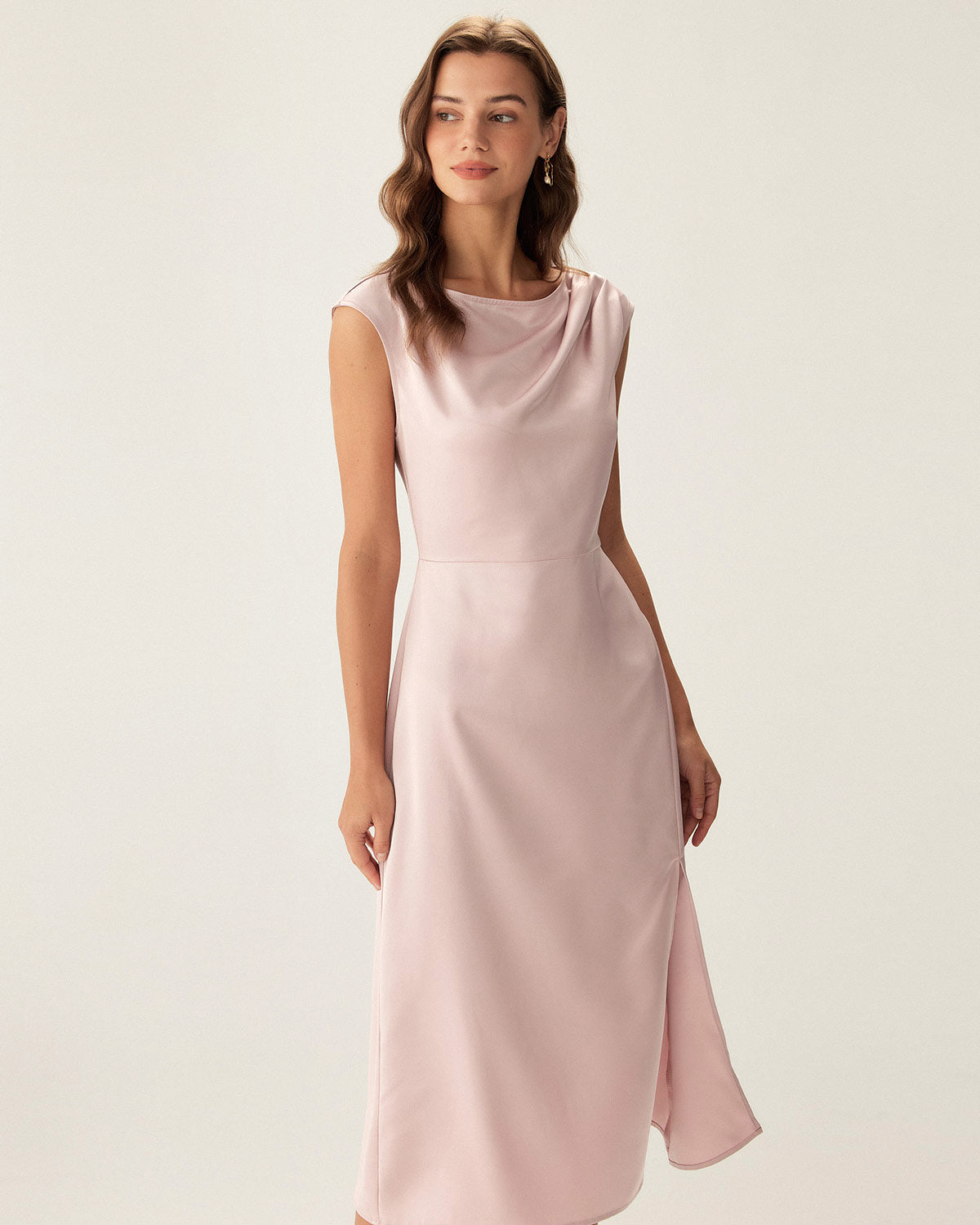 Pink Satin Boat Neck Slit Sleeveless Midi Dress - Threadford