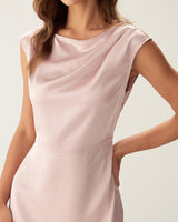 Pink Satin Boat Neck Slit Sleeveless Midi Dress - Threadford