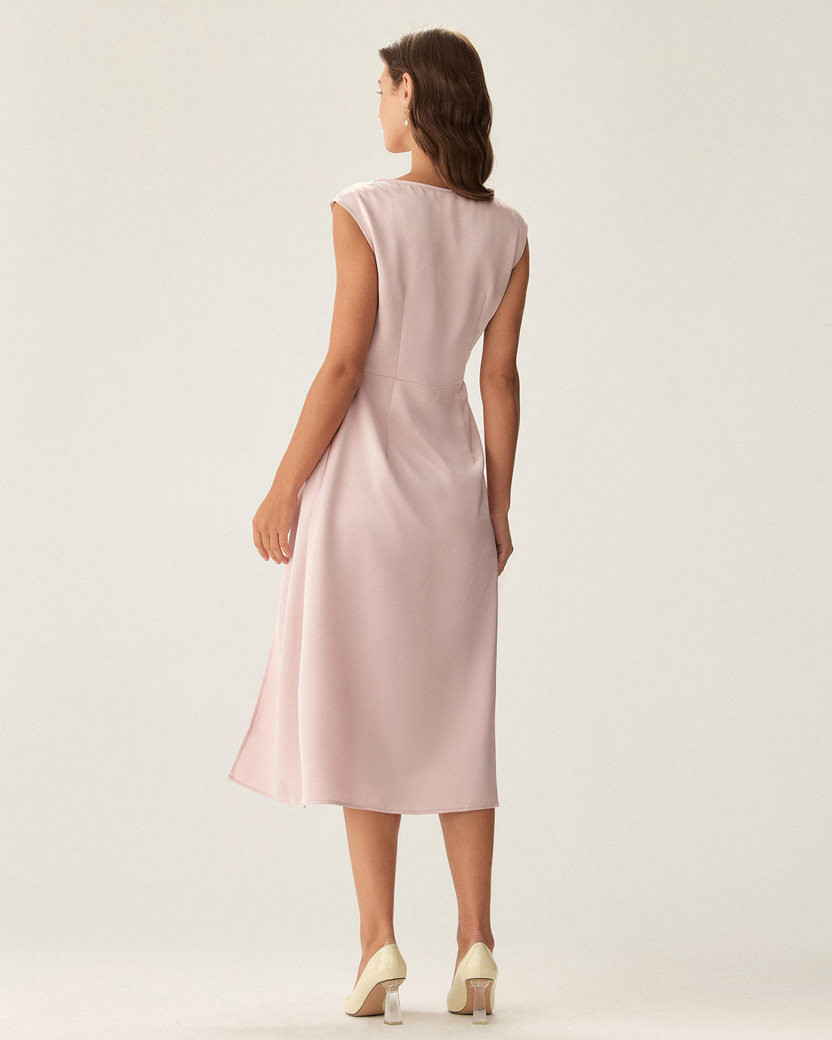 Pink Satin Boat Neck Slit Sleeveless Midi Dress - Threadford