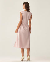 Pink Satin Boat Neck Slit Sleeveless Midi Dress - Threadford