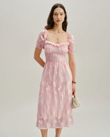 Pink Square Neck Puffed Sleeve Midi Dress - Threadford