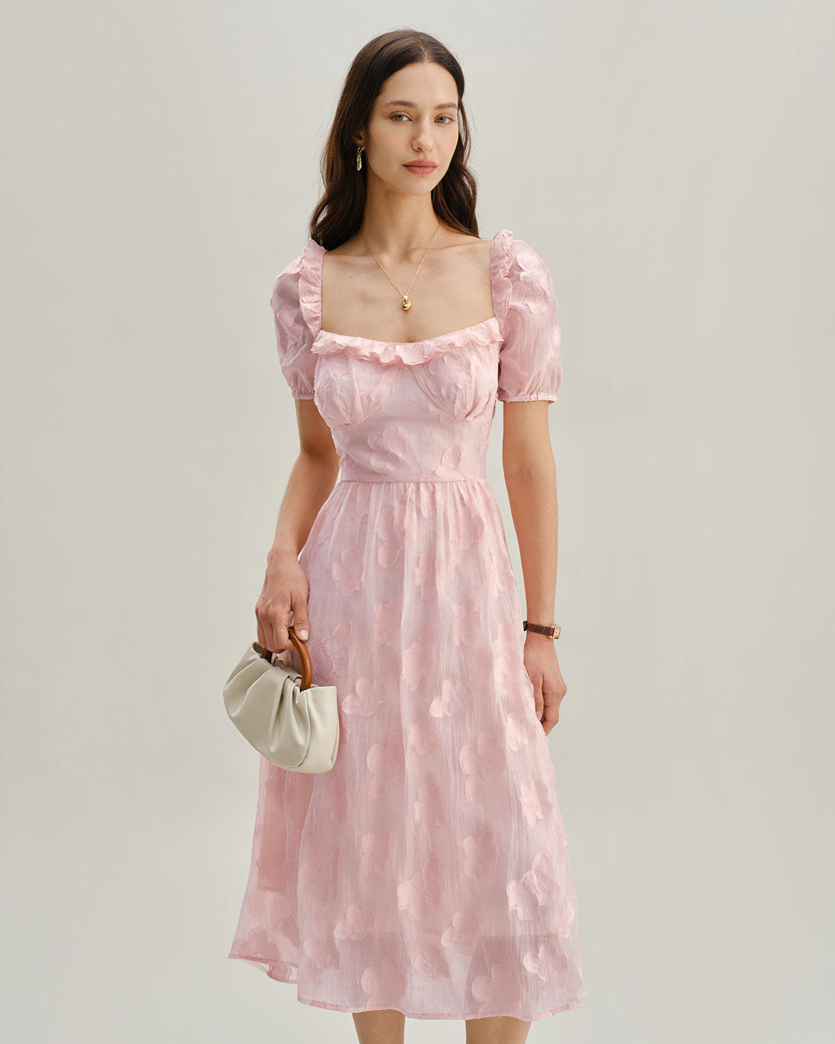 Pink Square Neck Puffed Sleeve Midi Dress - Threadford