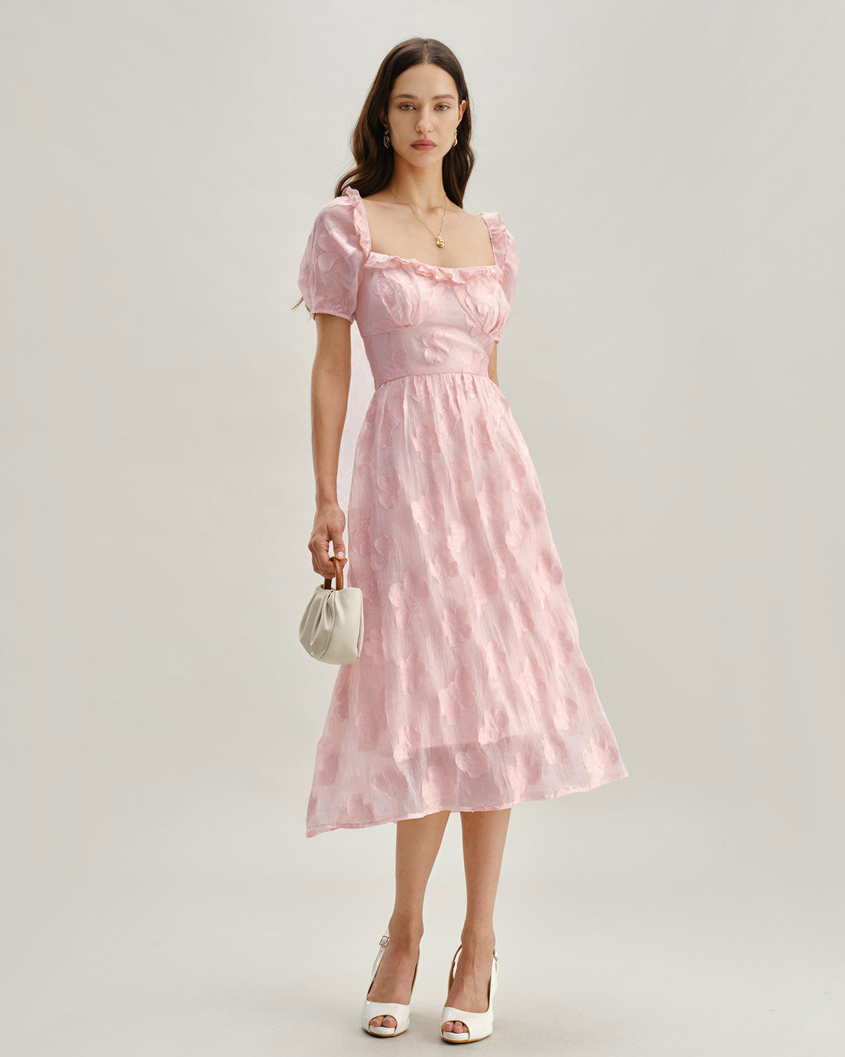 Pink Square Neck Puffed Sleeve Midi Dress - Threadford