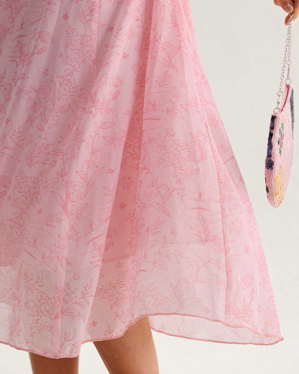 Pink Square Neck Ruffle Midi Dress - Threadford