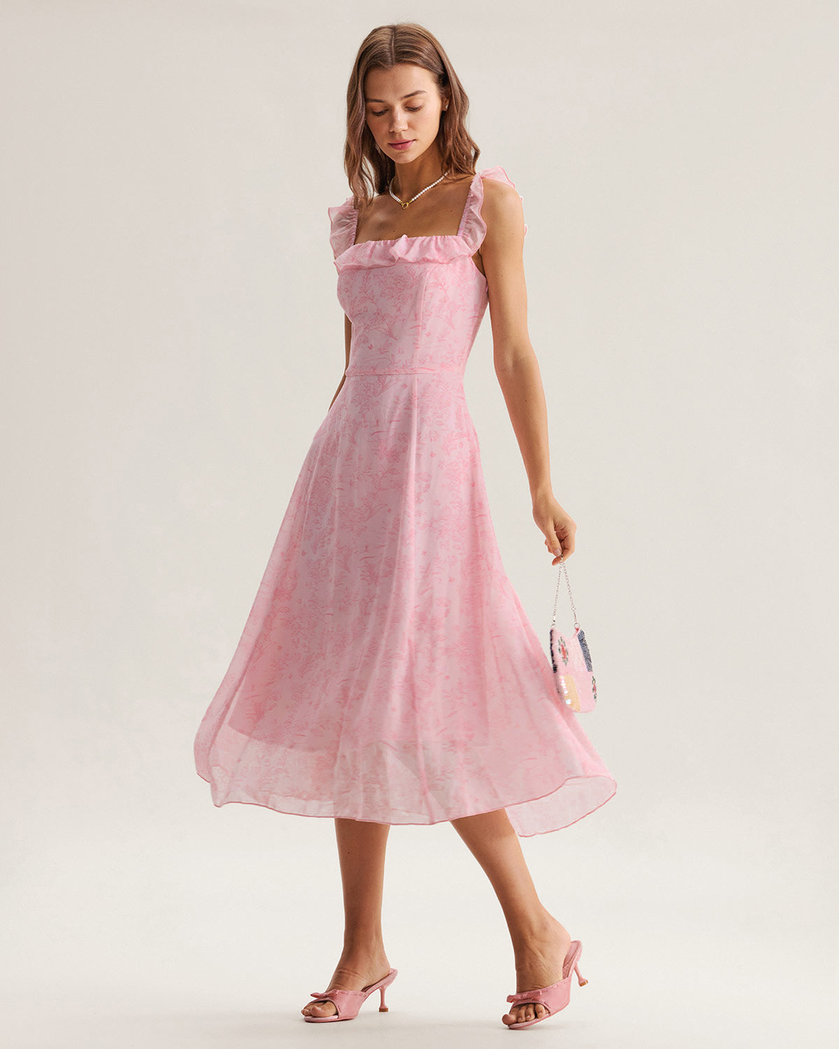 Pink Square Neck Ruffle Midi Dress - Threadford