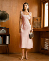 Pink Square Neck Ruffle Satin Midi Dress - Threadford