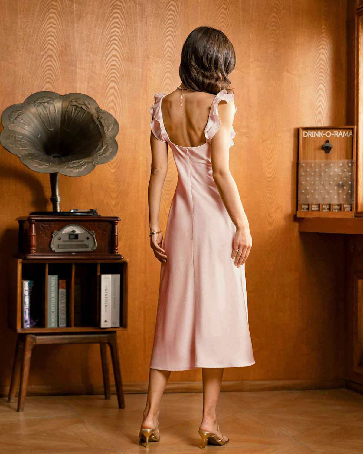 Pink Square Neck Ruffle Satin Midi Dress - Threadford