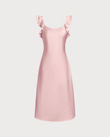Pink Square Neck Ruffle Satin Midi Dress - Threadford