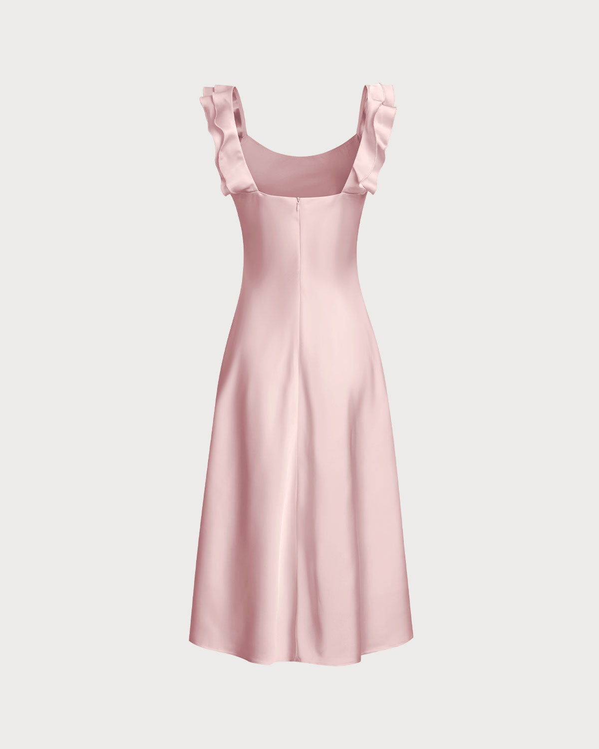 Pink Square Neck Ruffle Satin Midi Dress - Threadford