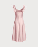 Pink Square Neck Ruffle Satin Midi Dress - Threadford