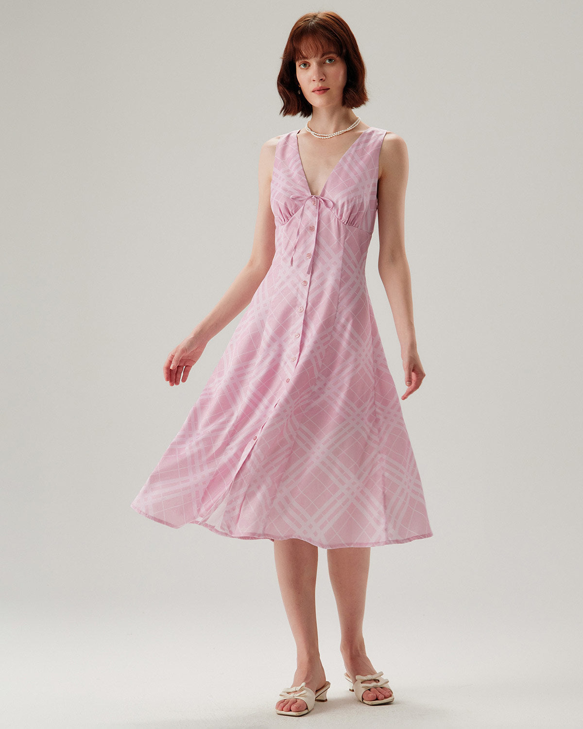 Pink Striped Sleeveless Midi Dress - Threadford