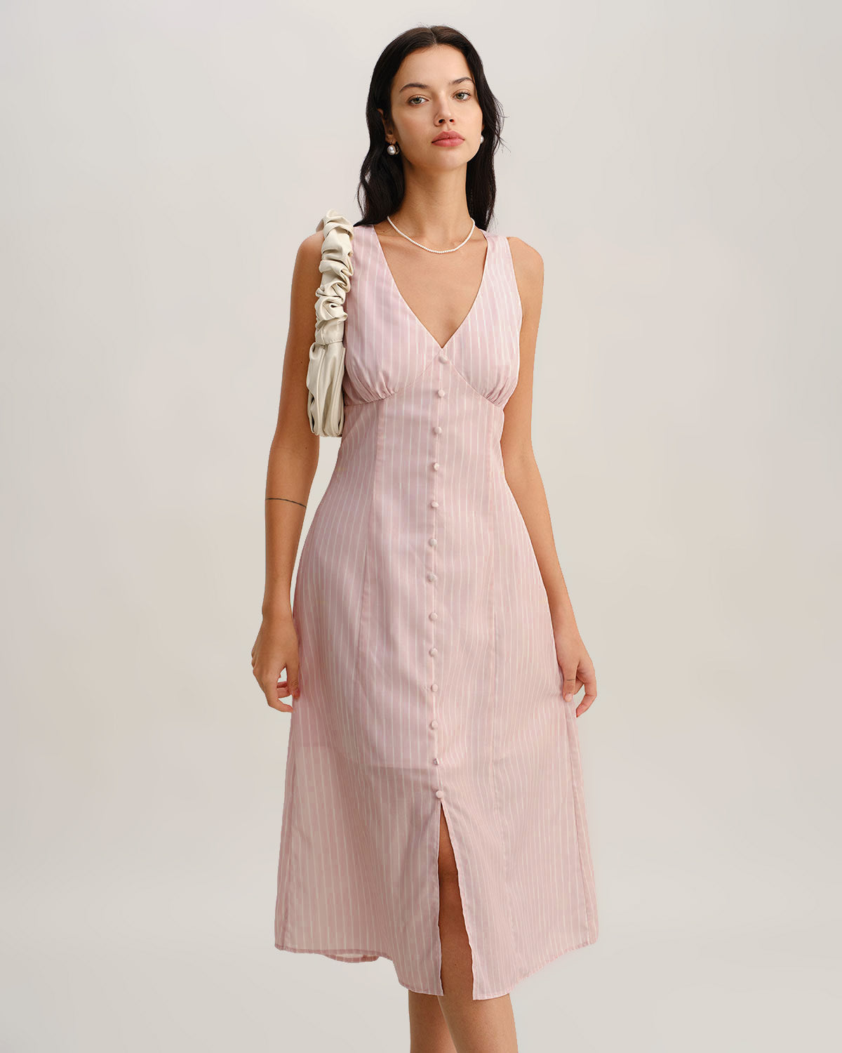 Pink Striped V Neck Sleeveless Midi Dress - Threadford