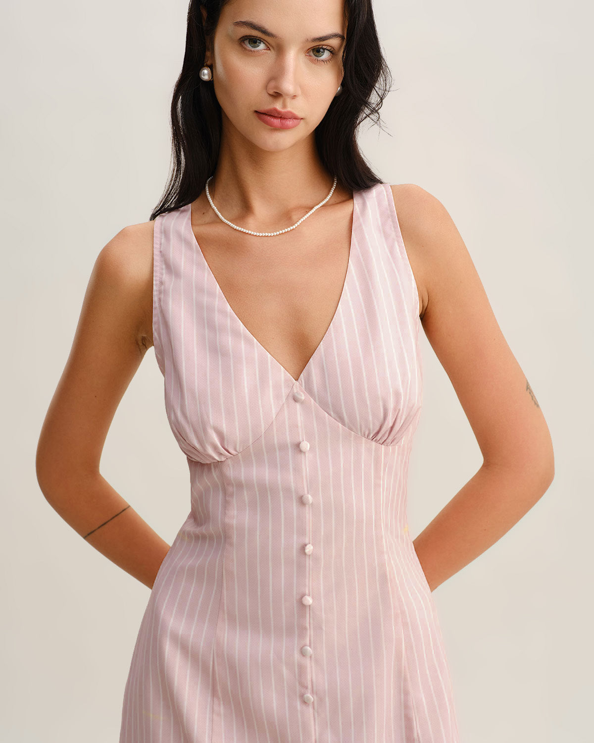 Pink Striped V Neck Sleeveless Midi Dress - Threadford