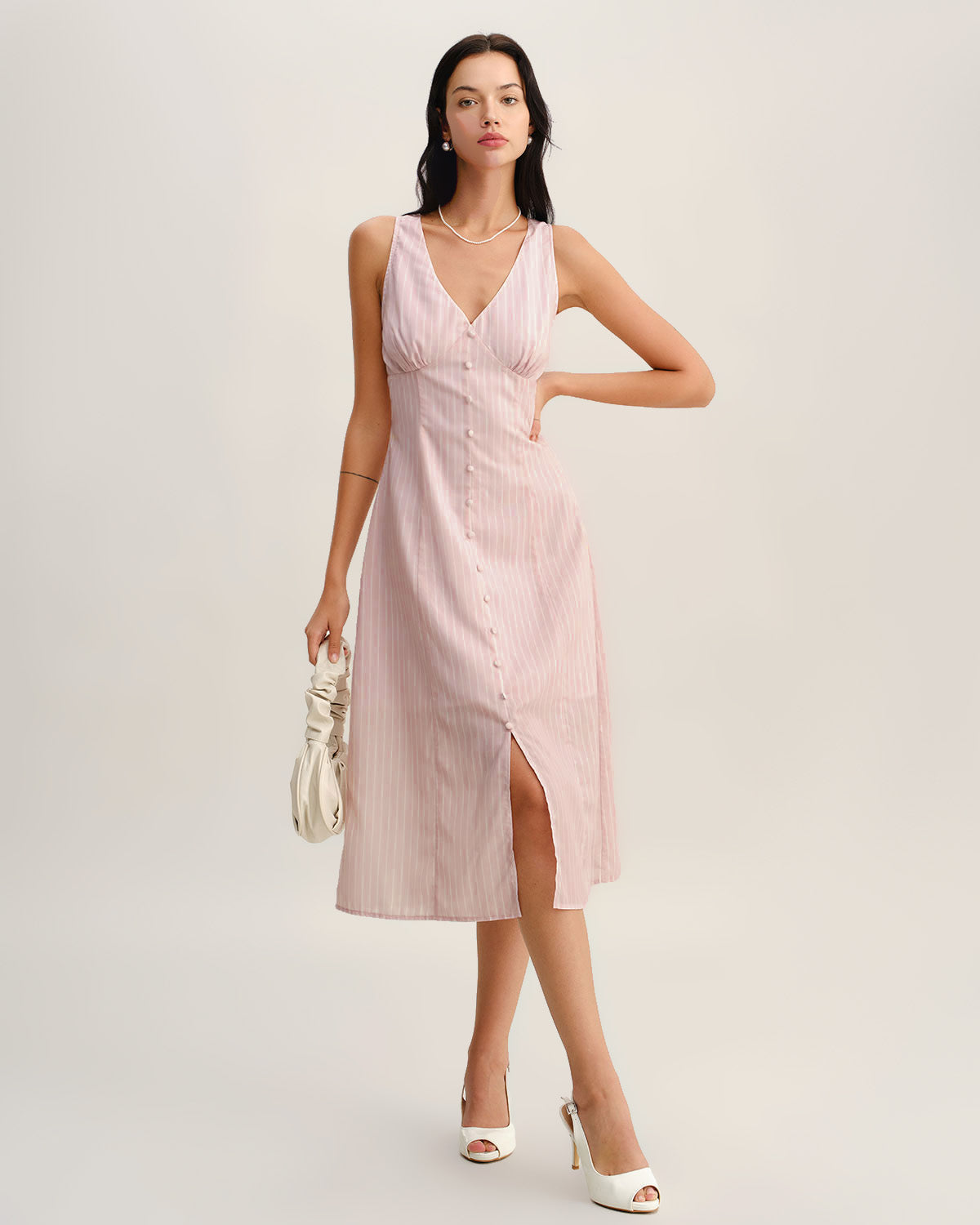 Pink Striped V Neck Sleeveless Midi Dress - Threadford