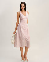 Pink Striped V Neck Sleeveless Midi Dress - Threadford