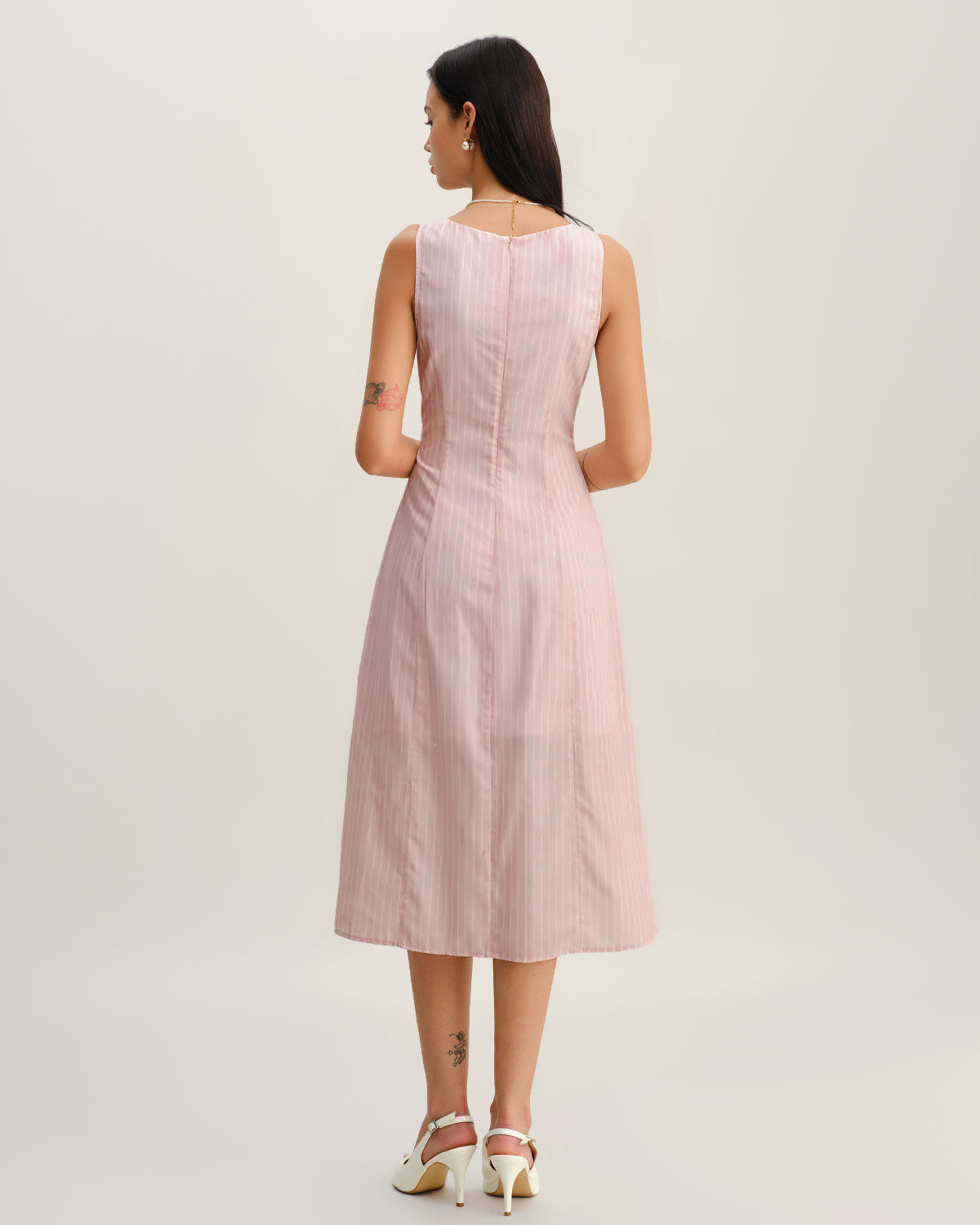 Pink Striped V Neck Sleeveless Midi Dress - Threadford