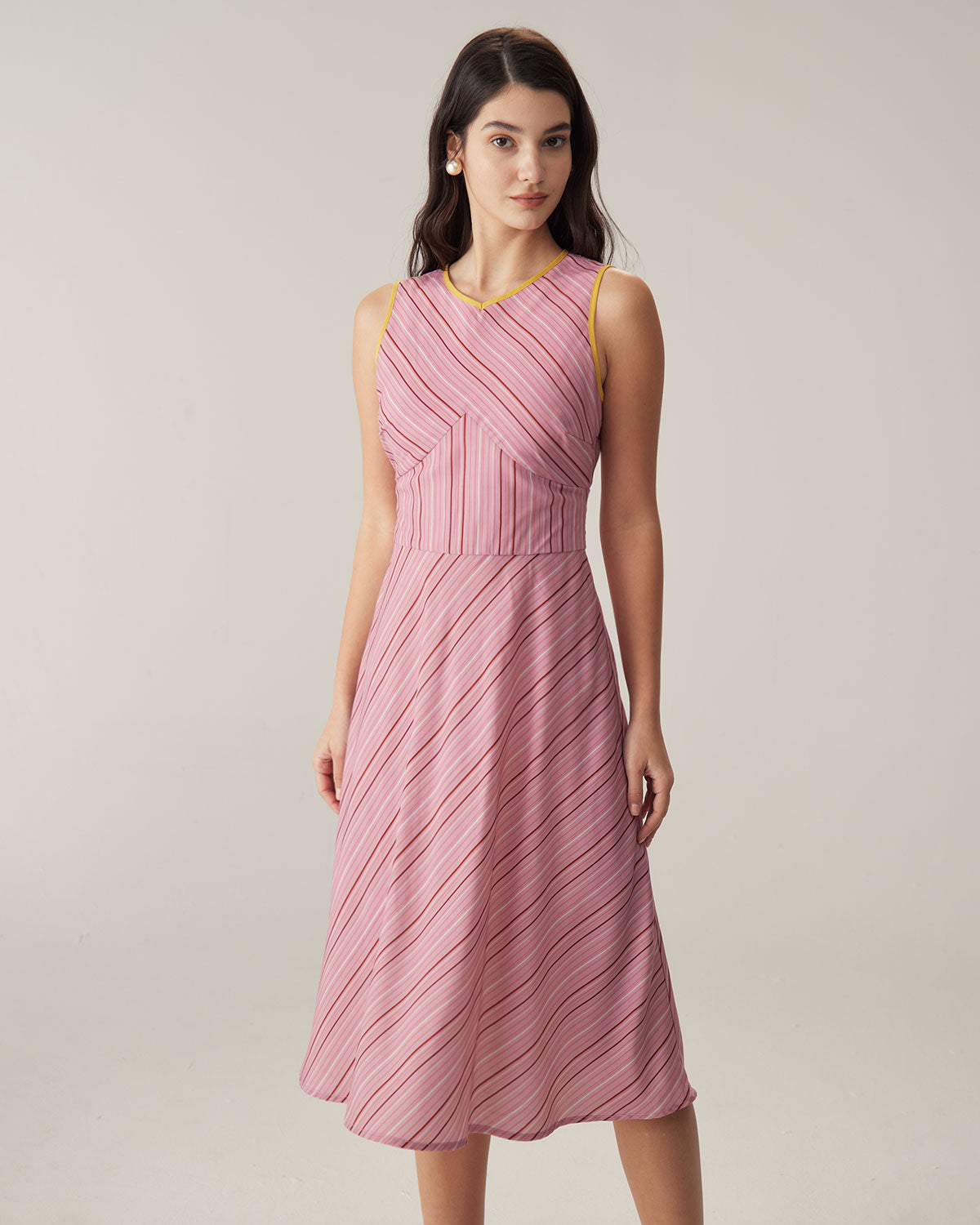 Pink Striped V Neck Sleeveless Midi Dresses - Threadford