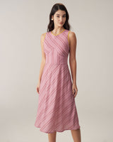 Pink Striped V Neck Sleeveless Midi Dresses - Threadford