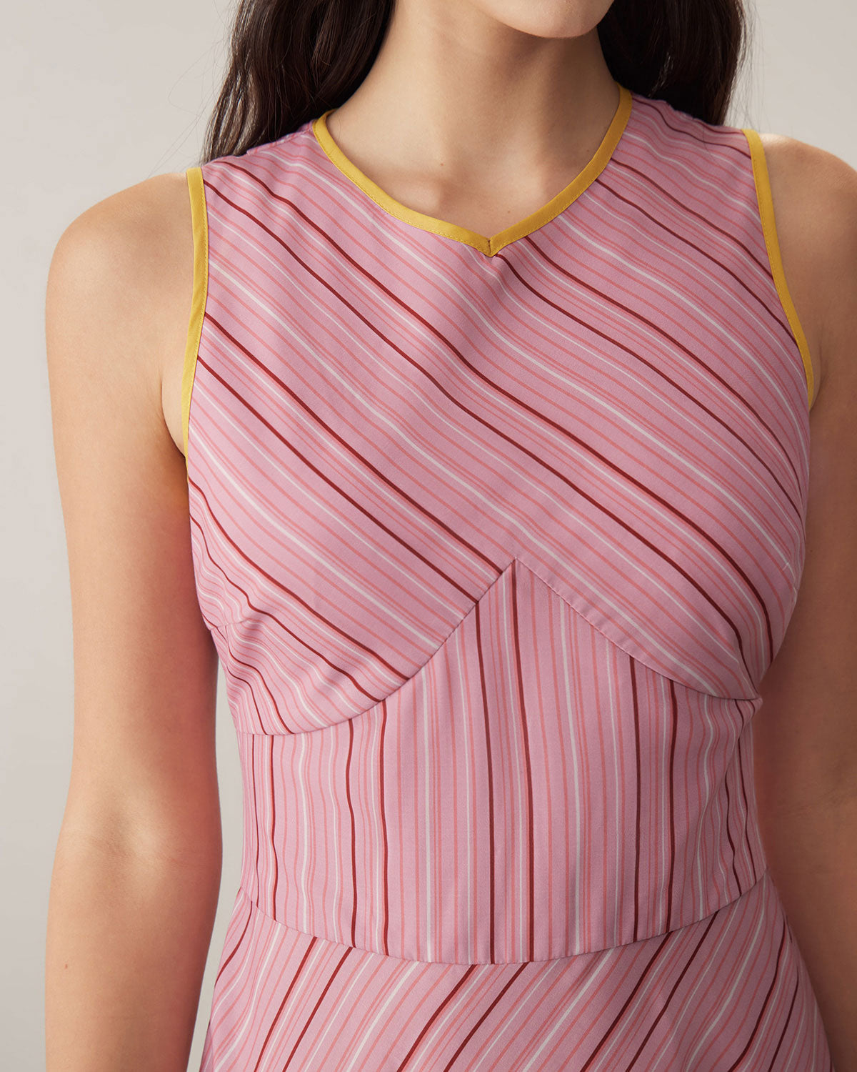 Pink Striped V Neck Sleeveless Midi Dresses - Threadford