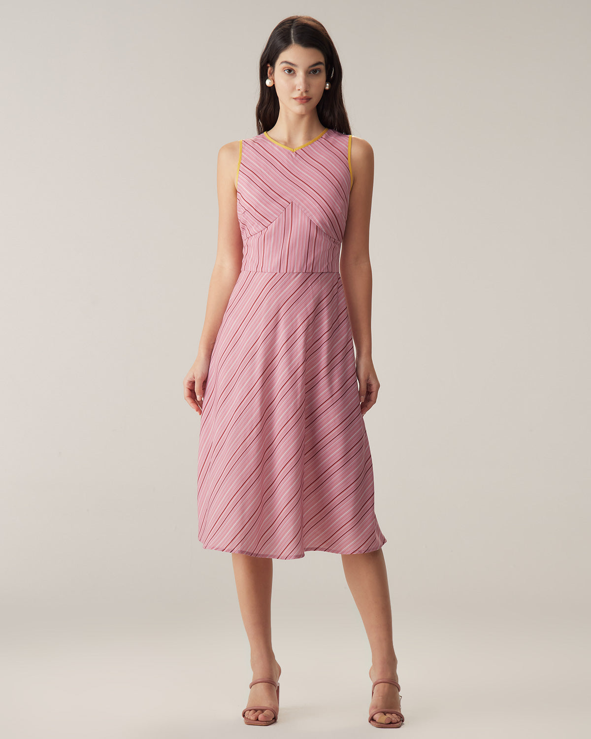 Pink Striped V Neck Sleeveless Midi Dresses - Threadford