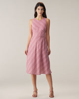 Pink Striped V Neck Sleeveless Midi Dresses - Threadford