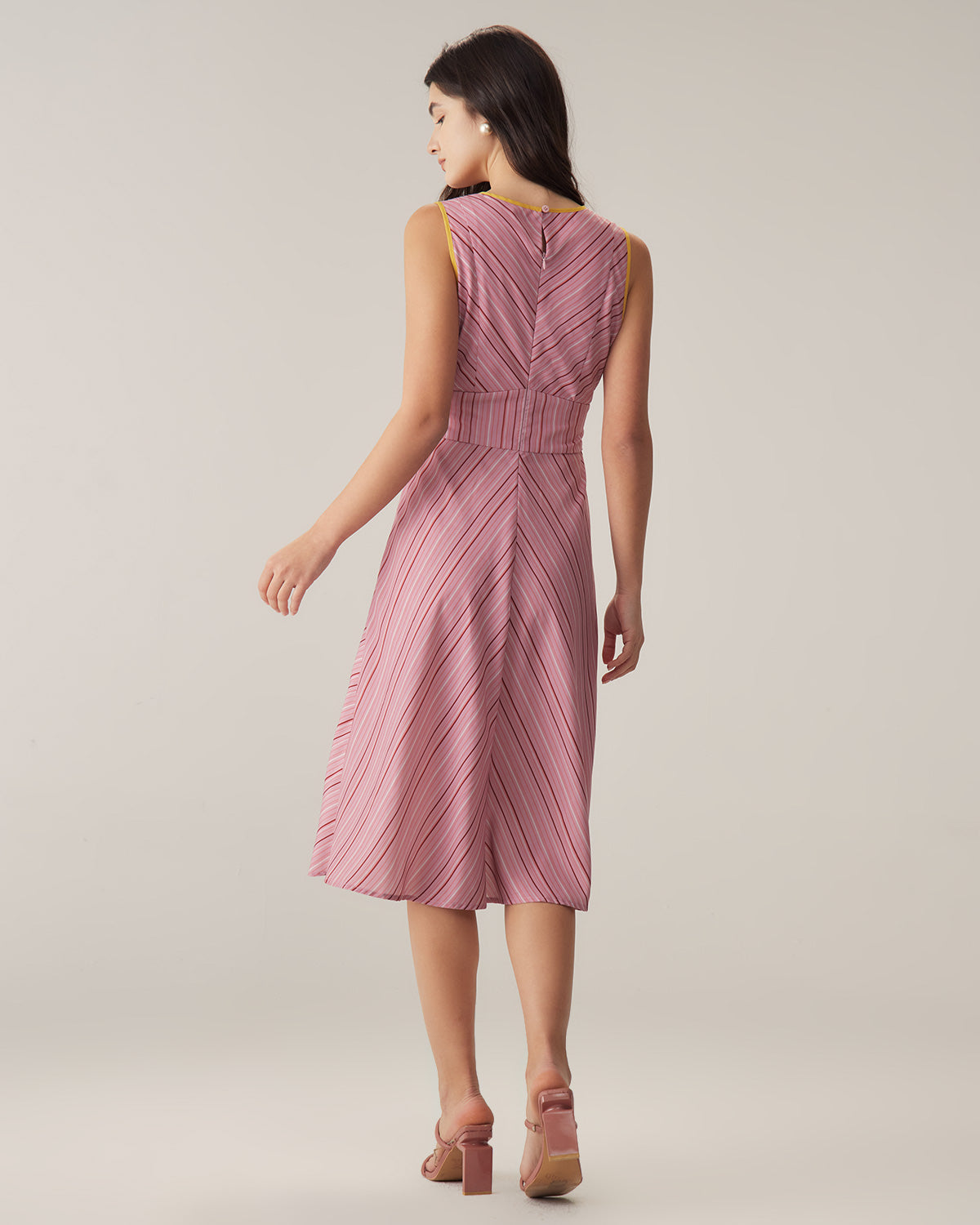 Pink Striped V Neck Sleeveless Midi Dresses - Threadford