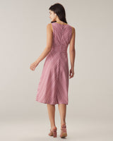 Pink Striped V Neck Sleeveless Midi Dresses - Threadford